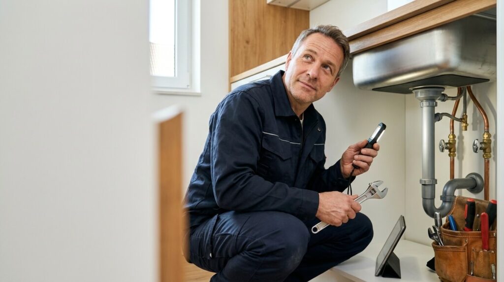 Klempner prüft Leitungen und Anschlüsse unter einer Küchenspüle
