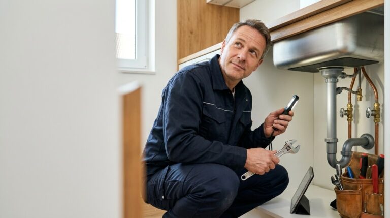 Klempner prüft Leitungen und Anschlüsse unter einer Küchenspüle