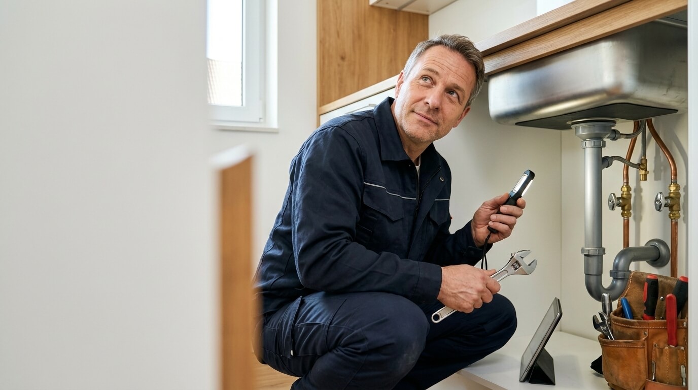 Klempner prüft Leitungen und Anschlüsse unter einer Küchenspüle