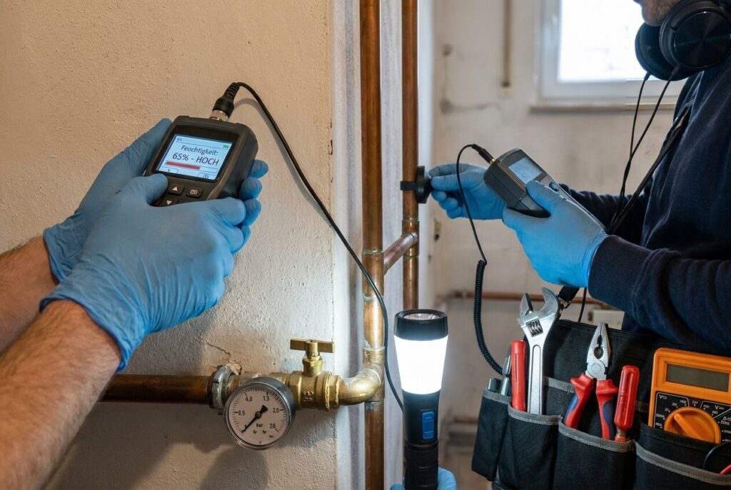 Sanitärinstallateur misst Feuchtigkeit und prüft eine Wasserleitung