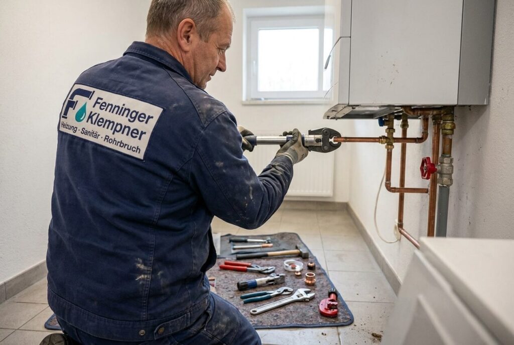 Sanitärinstallateur von Fenninger Klempner arbeitet an einer Heizungsleitung