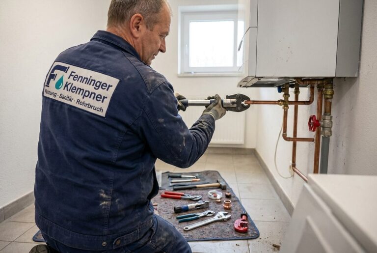Sanitärinstallateur von Fenninger Klempner arbeitet an einer Heizungsleitung
