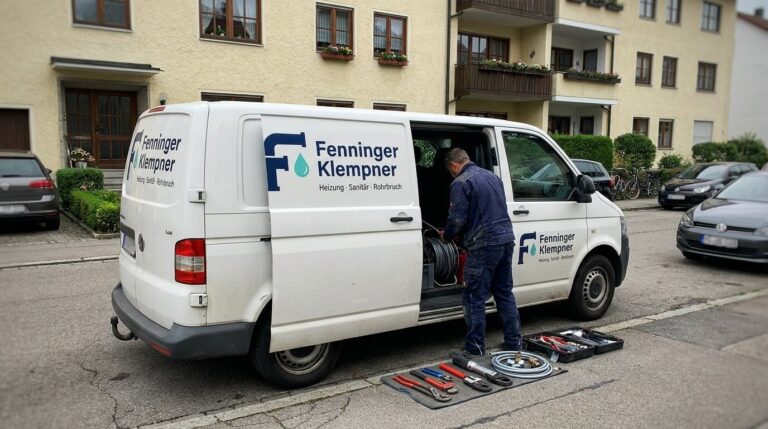Servicefahrzeug von Fenninger Klempner vor einem Wohngebäude