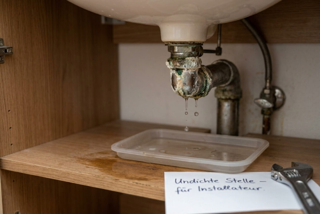 Tropfende und korrodierte Rohrverbindung unter einem Waschbecken